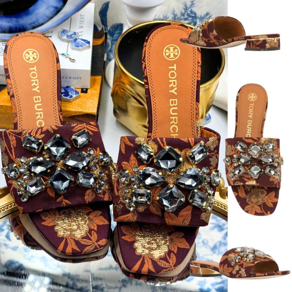 🆕 TORY BURCH 🧿 NWOT Martine 25mm Slide, Burgundy & Gold Jacquard, Sz 7.5